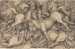 Groupe de sept chevaux dans les bois - Hans Baldung Grien
