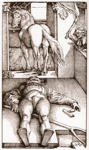 Le palefrenier ensorcelé - (Palefrenier endormi et sorcière) gravure sur bois par Hans Baldung Grien (1485-1544) vers 1544 - Hans Baldung Grien
