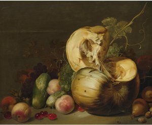 Nature morte avec une citrouille, des pêches, des raisins, des cerises et d