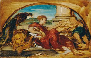 Figure allégorique avec lion et paon