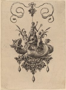 Conception pour un pendentif avec un monstre marin portant Neptune flanqué de deux Néréides