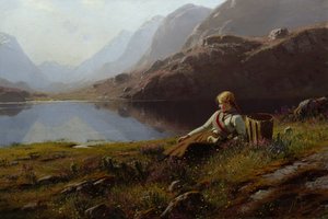 Fille tricotant près du lac de montagne - Hans Dahl