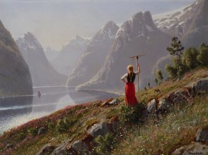 Fille avec un râteau dans un paysage de fjord - Hans Dahl
