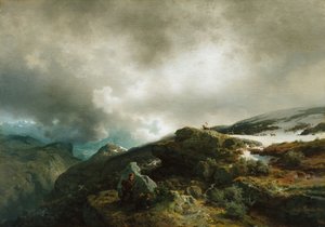 Paysage de haute montagne avec chasseurs de rennes - Hans Gude