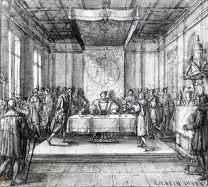 Henri VIII dans sa chambre privée (plume, encre et lavis sur papier) - Hans Holbein der Jüngere