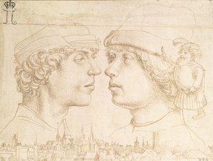 Portraits de deux jeunes, un nain et un paysage urbain, c.1514