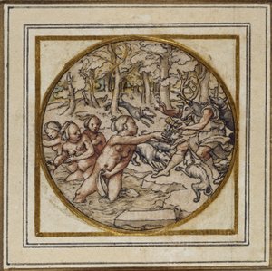 Diane et Actéon - Conception pour un pendentif ou un badge de chapeau, vers 1532-43 - Hans Holbein der Jüngere