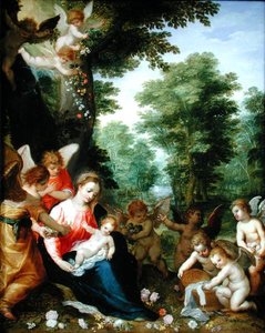 Madone et enfant avec des anges dans un paysage