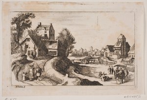Village. À gauche, une route avec une femme portant un panier sur la tête et un petit enfant à ses côtés - Hans Jørgen Kirksteen