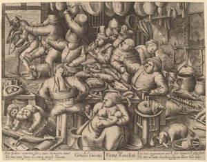 La cuisine grasse - Hans Liefrinck I, after Pieter van der Heyden, after Pieter Bruegel the Elder