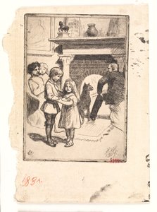 Carte de Nouvel An (la famille près de la cheminée)