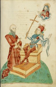 Un savant païen avant Josaphat, qui fait un geste à Dieu le Père dans les cieux - Hans Schilling