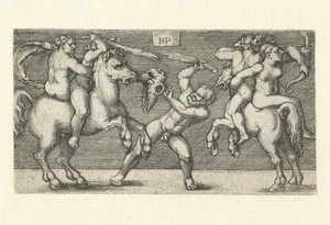 Combat entre deux hommes avec des femmes à cheval et un homme debout - Hans Sebald Beham
