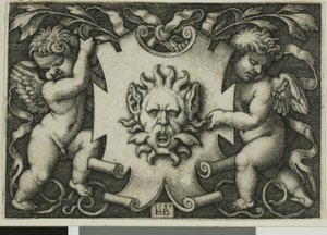 Ornement avec un masque tenu par deux génies