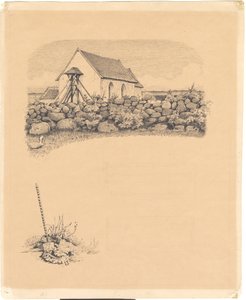 Illustration pour St. St. Blicher : "Mowns". Avant-plan : église derrière un mur de pierre ; avant-plan : cimetière (?) avec une pelle