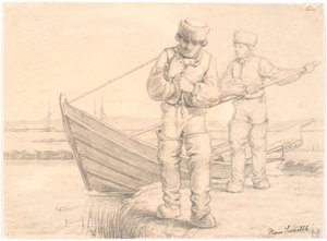 Deux pêcheurs du Limfjord tirant un bateau
