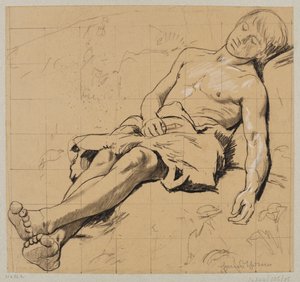 Berger à demi nu avec un pagne de cuir, dormant dans une prairie - Hans Thoma