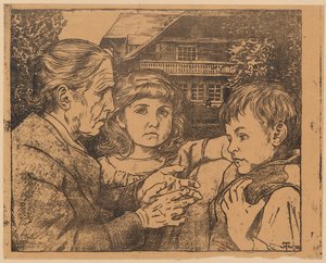 Une vieille femme racontant des contes à deux enfants devant une maison de la Forêt-Noire - Hans Thoma