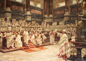 Cicéron au Sénat accuse Catilina de conjuration, 21 octobre 63 av. J.-C. - chromolithographie