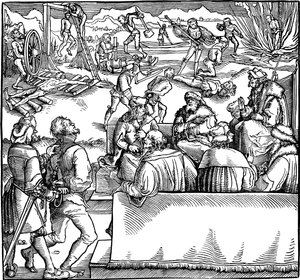 Séance de tribunal. Illustration du livre Phisicke Against Fortune de Pétrarque, 1532