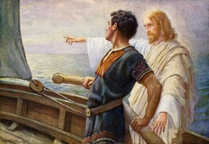 Lever du Soleil de la Vie, Christ à la Barre (lithographie en couleur) - Harold Copping