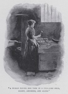 Une femme accomplissant sa tâche dans une cabane semblable à une cellule, silencieuse, absorbée et seule - Harold Hume Piffard