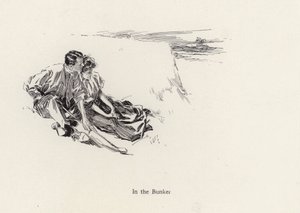 Couple dans une étreinte romantique dans un bunker sur le parcours de golf (lithographie) - Harrison Fisher