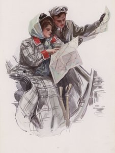 Homme et femme lisant une carte dans une voiture - Harrison Fisher