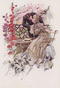 Homme embrassant une femme dans un jardin - Harrison Fisher