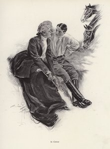 Couple romantique faisant une pause pendant une promenade à cheval - Harrison Fisher