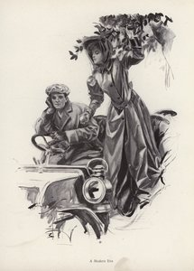 Femme cueillant des pommes depuis une voiture - Harrison Fisher