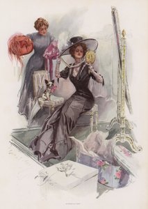 Jeune Américaine essayant des chapeaux chez un modiste français - Harrison Fisher