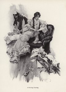 Jeune femme recevant un bouquet de fleurs et une lettre d