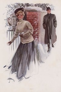 Jeune femme attendant pour lancer des boules de neige à un homme - Harrison Fisher