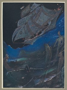 Une illustration montrant un navire en mer, et des poissons en dessous. - Harry Clarke