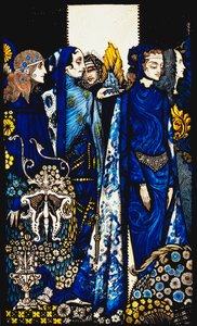 Etain, Helen, Maeve et Fand, la main tendre de Deirdre dorée. "Reines", neuf panneaux de verre acides, teintés et peints, illustrant le poème de J.M. Synge, 1917
