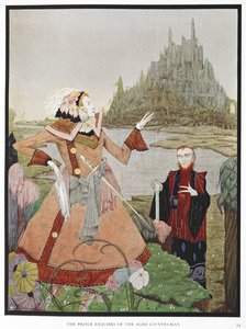 Le prince interroge le vieil homme de la campagne. Illustration pour l