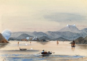 Le HMS Tribune trouvant son chemin sur la rivière Chuenpee à Canton (Chine), avec des bateaux à rames et des jonques chinoises - Harry Edmond Edgell