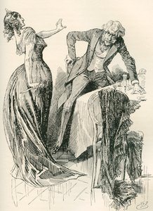 Edith et M. Carker. "Il venait gaiement vers elle, quand, en un instant, elle attrapa le couteau sur la table et recula d