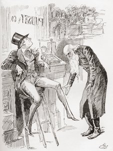 Fledgeby et M. Riah dans la maison de comptage. « Perché sur le tabouret avec son chapeau penché sur la tête et une de ses jambes pendantes, la jeunesse de Fledgeby contrastait à peine avantageusement avec l