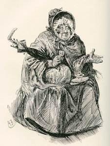 Mme Gamp. Illustration de Harry Furniss pour le roman de Charles Dickens Martin Chuzzlewit, de l