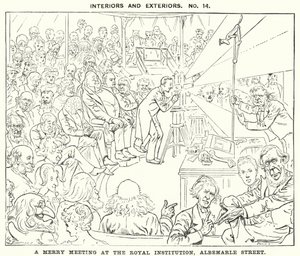 Caricature de Punch : Une joyeuse rencontre à la Royal Institution, Albemarle Street, Londres (gravure) - Harry Furniss