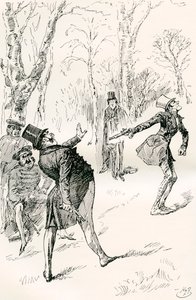 Le duel après le bal. "Les yeux de M. Winkle étant fermés, il ne put observer le comportement très extraordinaire et inexplicable du docteur Slammer. Ce gentleman regarda, se frotta les yeux, et, finalement, cria "Arrêtez, arrêtez ! ce n
