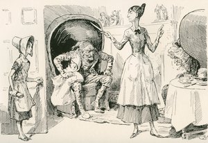 La famille Smallweed. "Quel travail fais-tu maintenant?" dit Judy Smallweed, comme une très vieille mégère. "Je nettoie la chambre du haut, mademoiselle," répond Charley. "Fais-le bien, et ne traîne pas. Dépêche-toi! Va-t