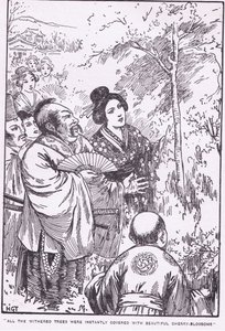 Tous les arbres flétris se sont instantanément couverts de belles fleurs de cerisier (Le vieil homme qui faisait fleurir les arbres flétris) (litho) - Harry George Theaker