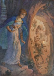 Freyja dans la grotte des nains, extrait du "Collier de Freyja" (lithographie couleur) - Harry George Theaker