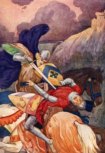 Le roi Arthur poignardant son ennemi à travers la poitrine (lithographie couleur) - Harry George Theaker