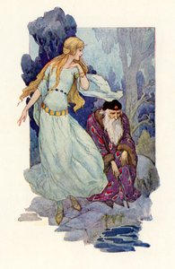 Merlin ensorcelé par le chant de la fée (litho couleur) - Harry George Theaker