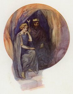 Proserpine assise, vêtue de longues robes noires, sur un grand trône noir, avec à ses côtés le roi noir et féroce (lithographie en couleurs) - Harry George Theaker