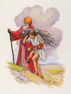 Côte à côte, Abraham et Isaac gravissent le sentier escarpé (lithographie couleur) - Harry George Theaker